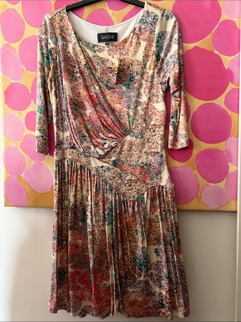 🩷 NWT SALONI Celeste Cream Multicolor Floral Draped Dress Stretch